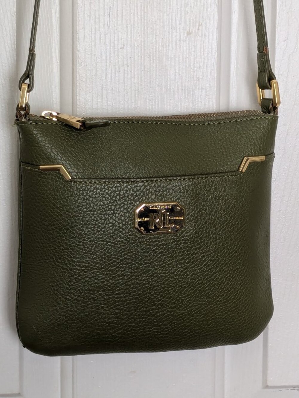 Lauren Ralph Lauren Womens Green Leather Adjustable Strap Crossbody Bag Small .